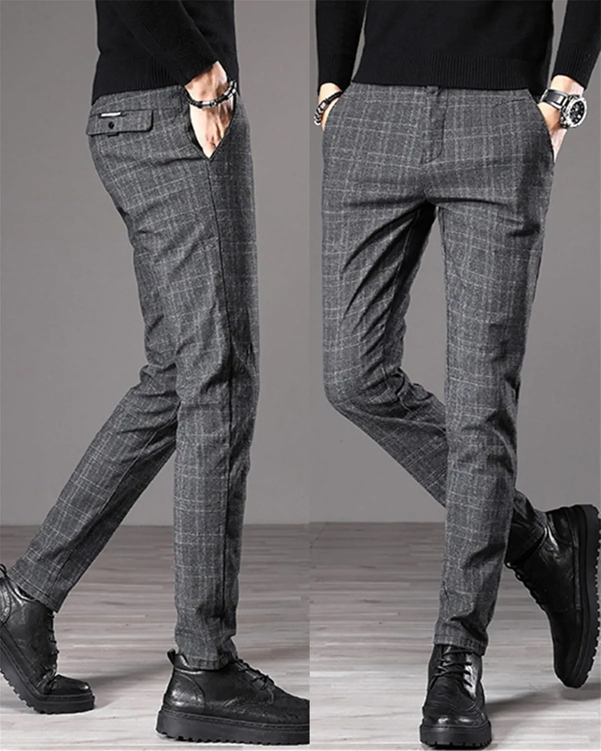 Men's Dress Plaid Pants Chino Casual Slim Fit Skinny Stretch Pants Business Dress Pants
