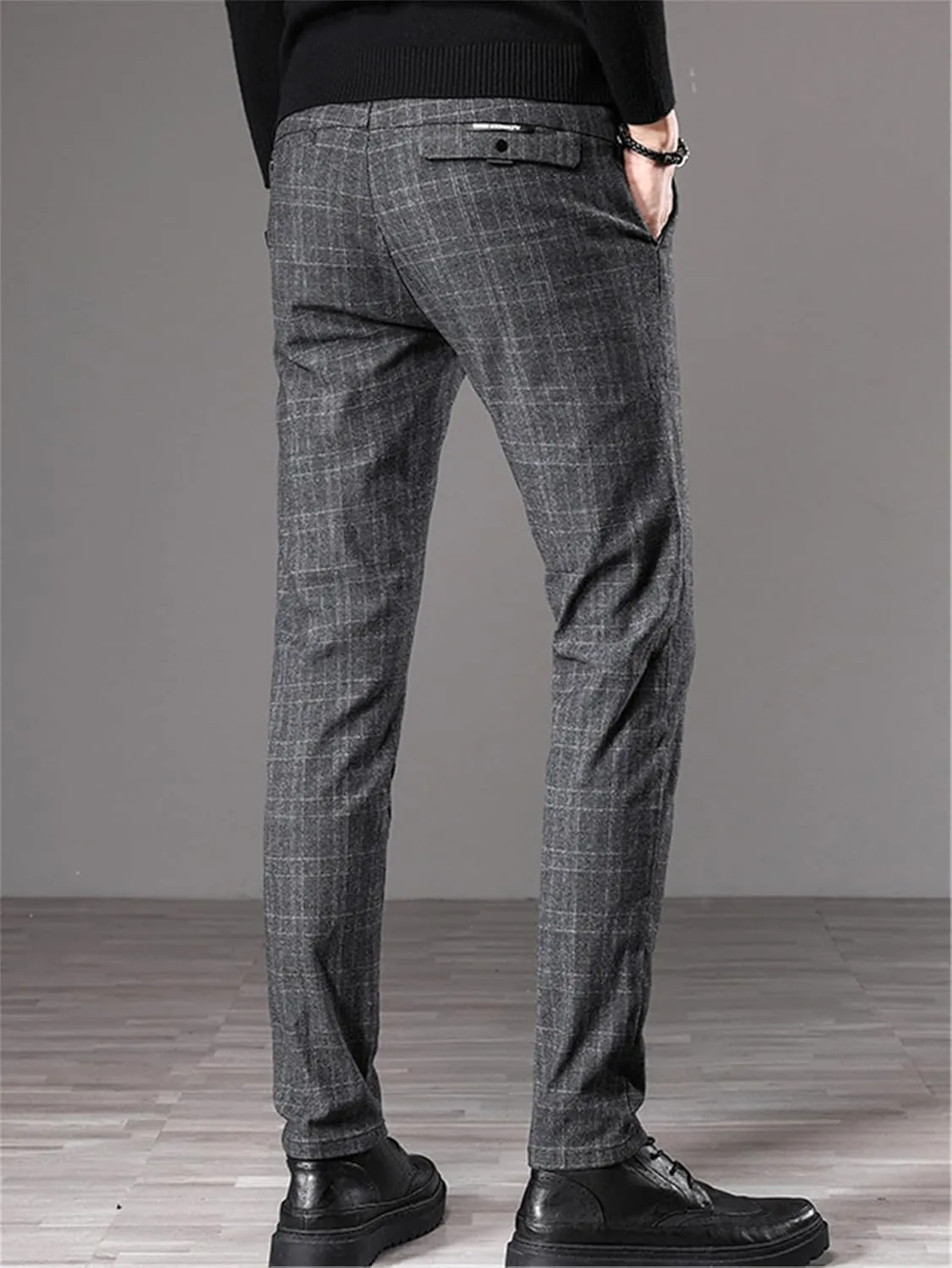 Men's Dress Plaid Pants Chino Casual Slim Fit Skinny Stretch Pants Business Dress Pants