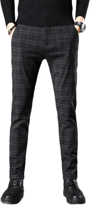 Men's Dress Plaid Pants Chino Casual Slim Fit Skinny Stretch Pants Business Dress Pants
