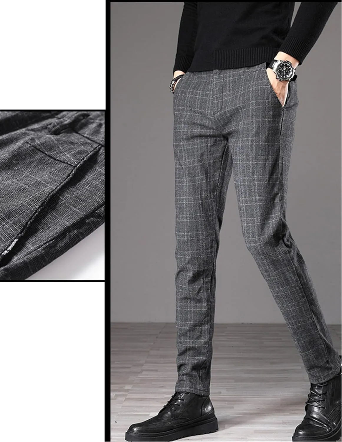 Men's Dress Plaid Pants Chino Casual Slim Fit Skinny Stretch Pants Business Dress Pants