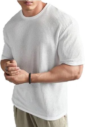 Men's Drop Shoulder Oversized T Shirts Rib Knitted Basic Tops Casual Half Sleeve Solid Loose Tee Top