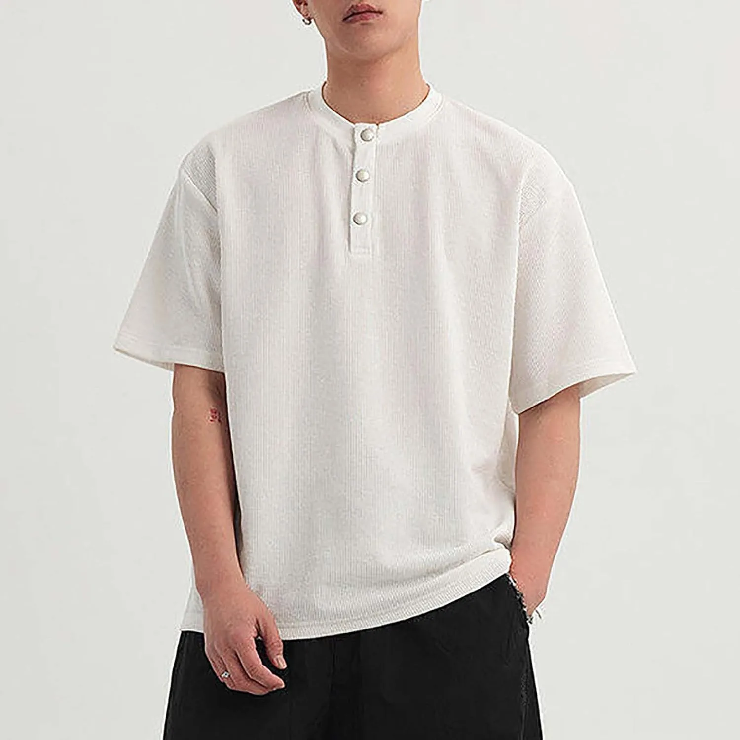 Men's Fashion Henley Shirts Summer Casual Short Sleeve Loose Tops Athletic Workout Trendy Dropped Shoulder Tees