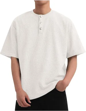 Men's Fashion Henley Shirts Summer Casual Short Sleeve Loose Tops Athletic Workout Trendy Dropped Shoulder Tees