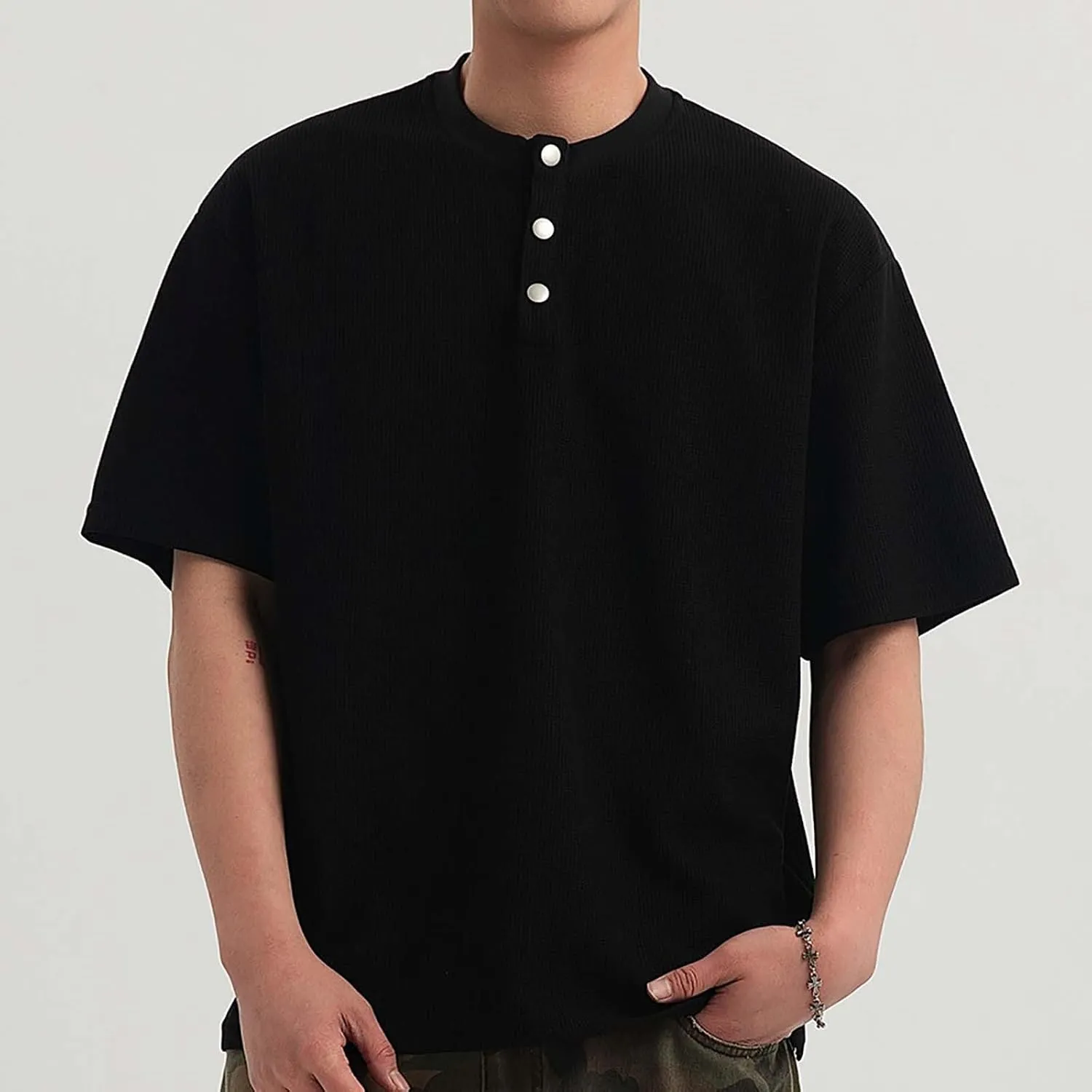 Men's Fashion Henley Shirts Summer Casual Short Sleeve Loose Tops Athletic Workout Trendy Dropped Shoulder Tees