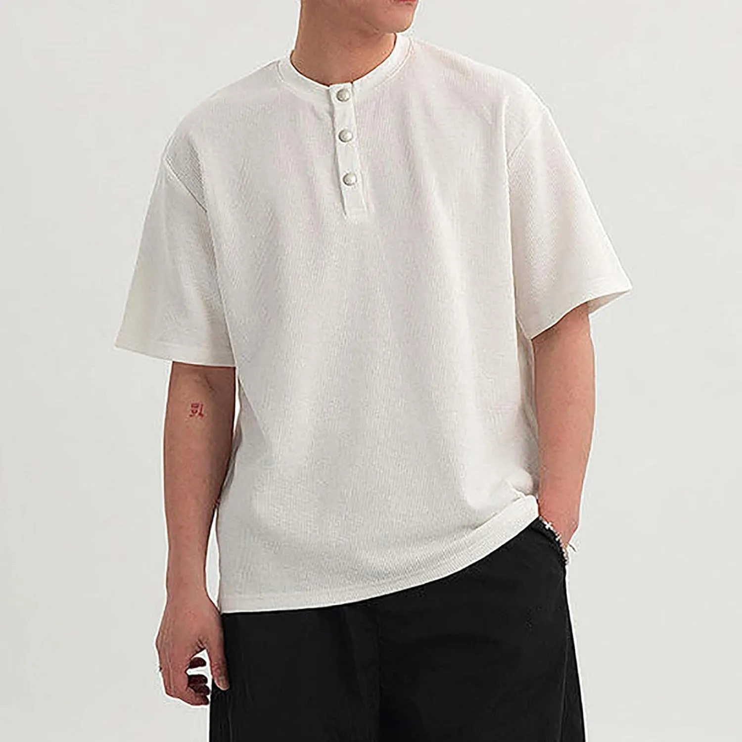 Men's Fashion Henley Shirts Summer Casual Short Sleeve Loose Tops Athletic Workout Trendy Dropped Shoulder Tees