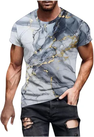 Men's Fashion Marble Printed Shirt Short Sleeve Crew Neck Casual Tshirt Loose Fit Lightweight Summer Outdoor Tee Tops