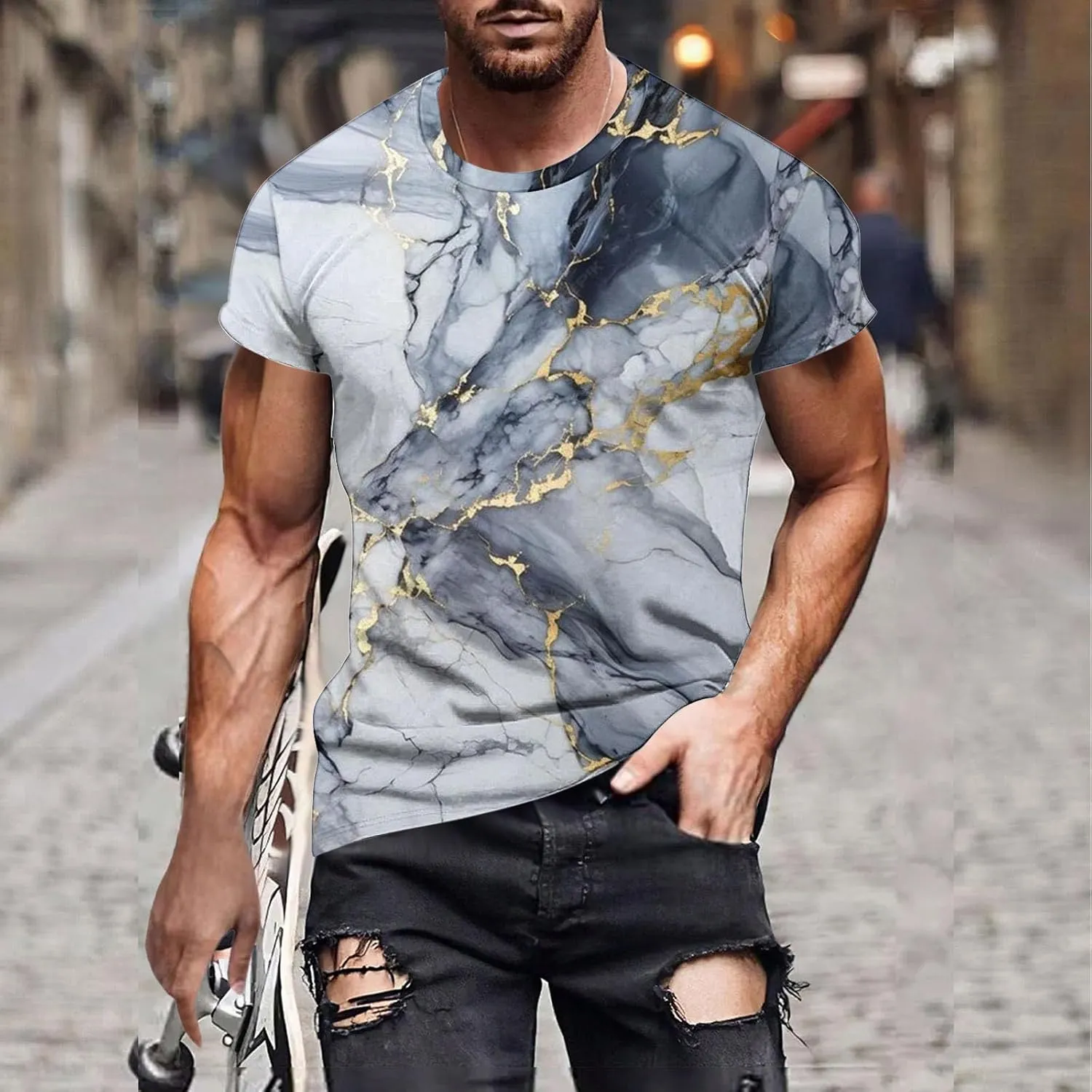Men's Fashion Marble Printed Shirt Short Sleeve Crew Neck Casual Tshirt Loose Fit Lightweight Summer Outdoor Tee Tops