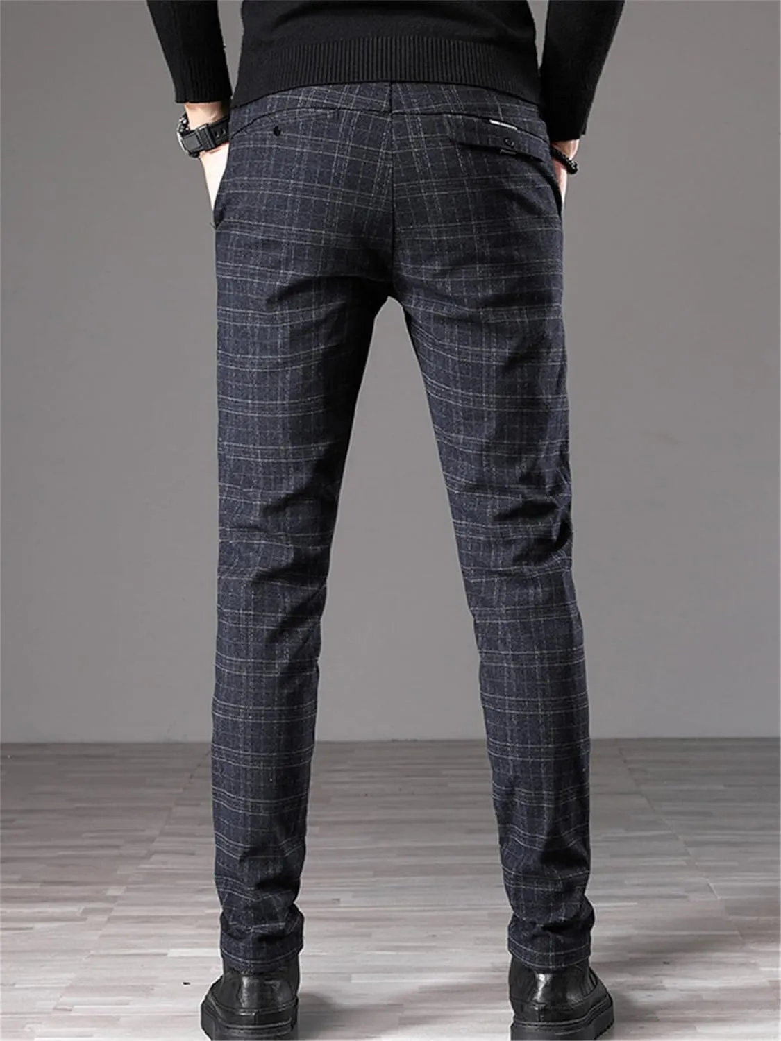Men's Fashion Stretch Dress Pants Slim Fit Plaid Skinny Long Pants Casual Business Chino Dress Pants