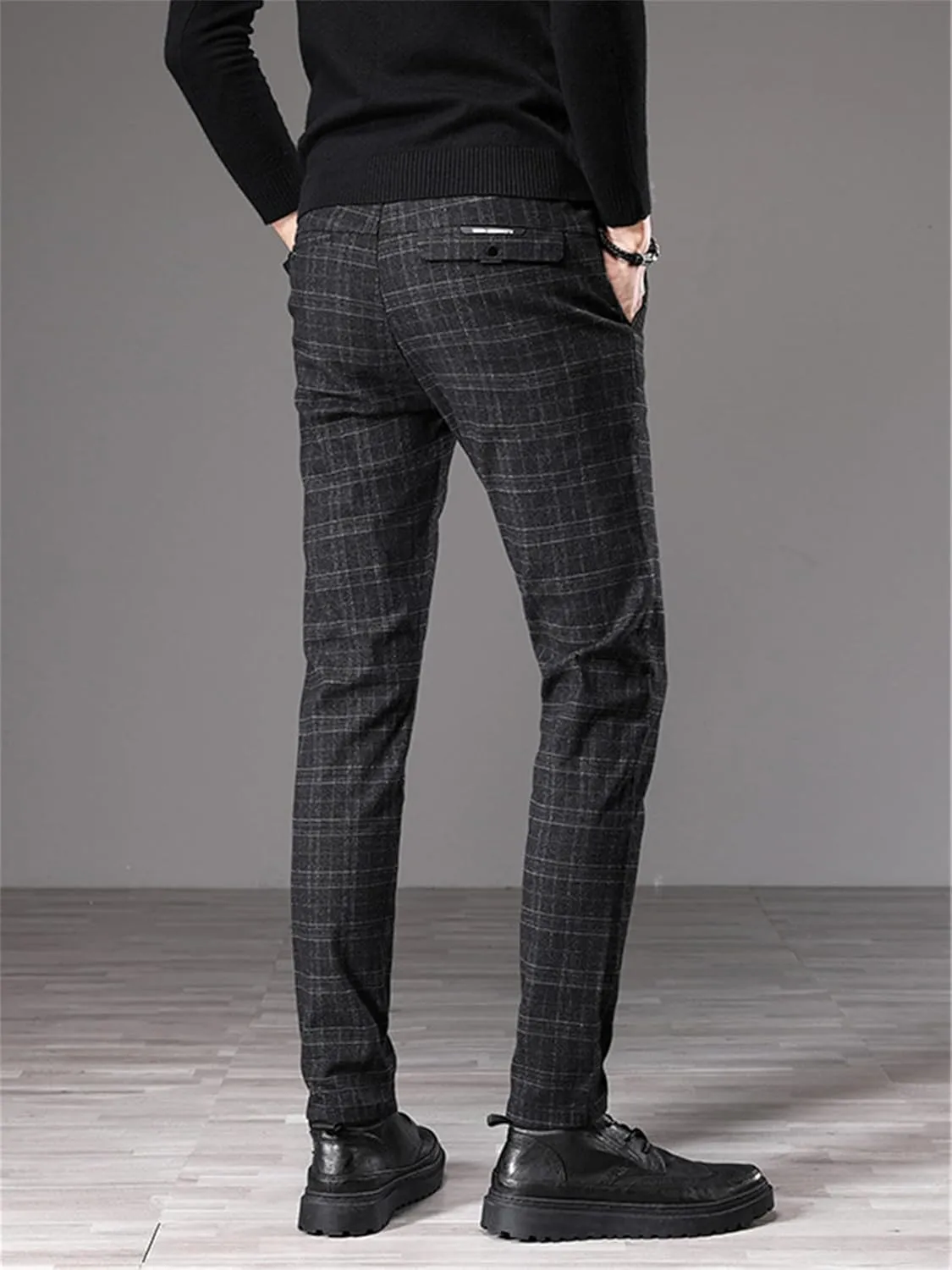 Men's Fashion Stretch Dress Pants Slim Fit Plaid Skinny Long Pants Casual Business Chino Dress Pants