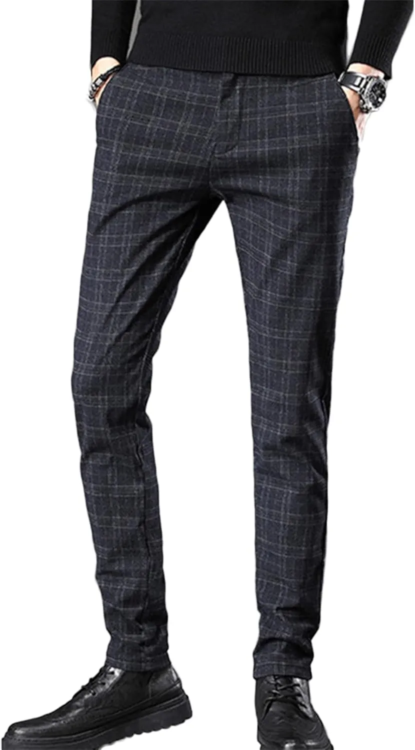 Men's Fashion Stretch Dress Pants Slim Fit Plaid Skinny Long Pants Casual Business Chino Dress Pants