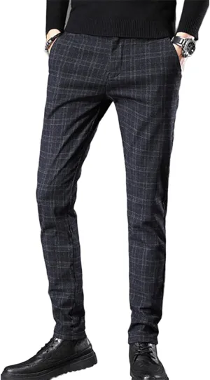 Men's Fashion Stretch Dress Pants Slim Fit Plaid Skinny Long Pants Casual Business Chino Dress Pants