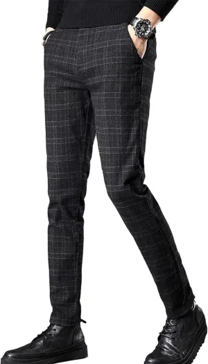 Men's Fashion Stretch Dress Pants Slim Fit Plaid Skinny Long Pants Casual Business Chino Dress Pants