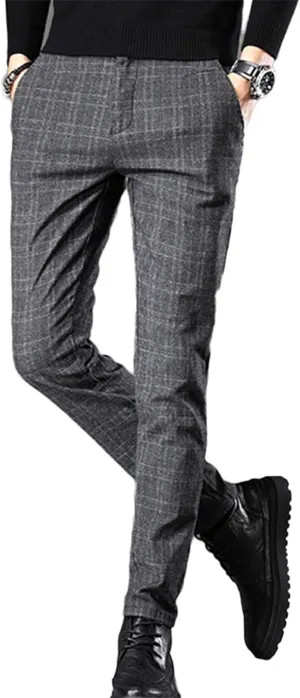 Men's Fashion Stretch Dress Pants Slim Fit Plaid Skinny Long Pants Casual Business Chino Dress Pants