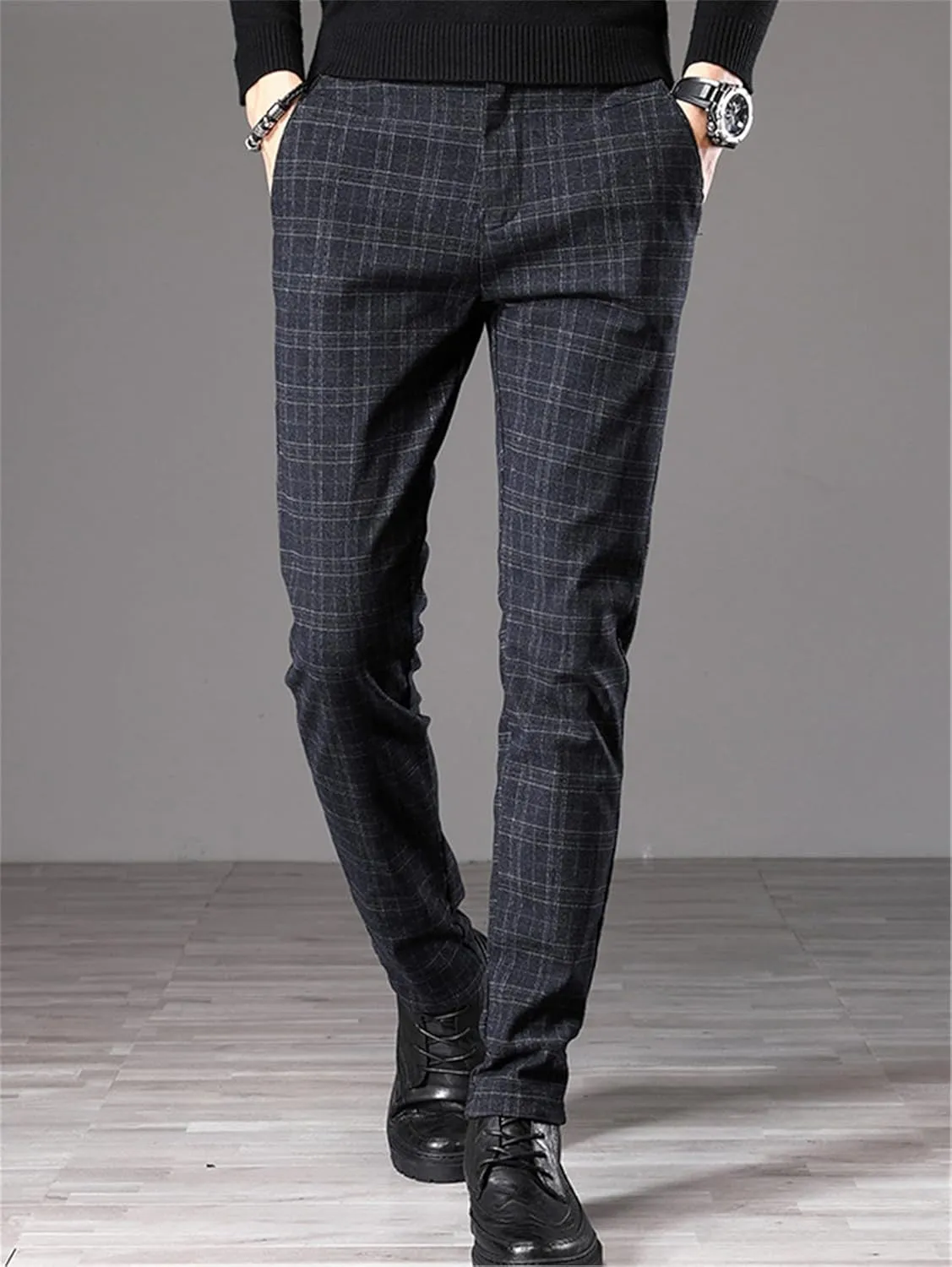 Men's Fashion Stretch Dress Pants Slim Fit Plaid Skinny Long Pants Casual Business Chino Dress Pants