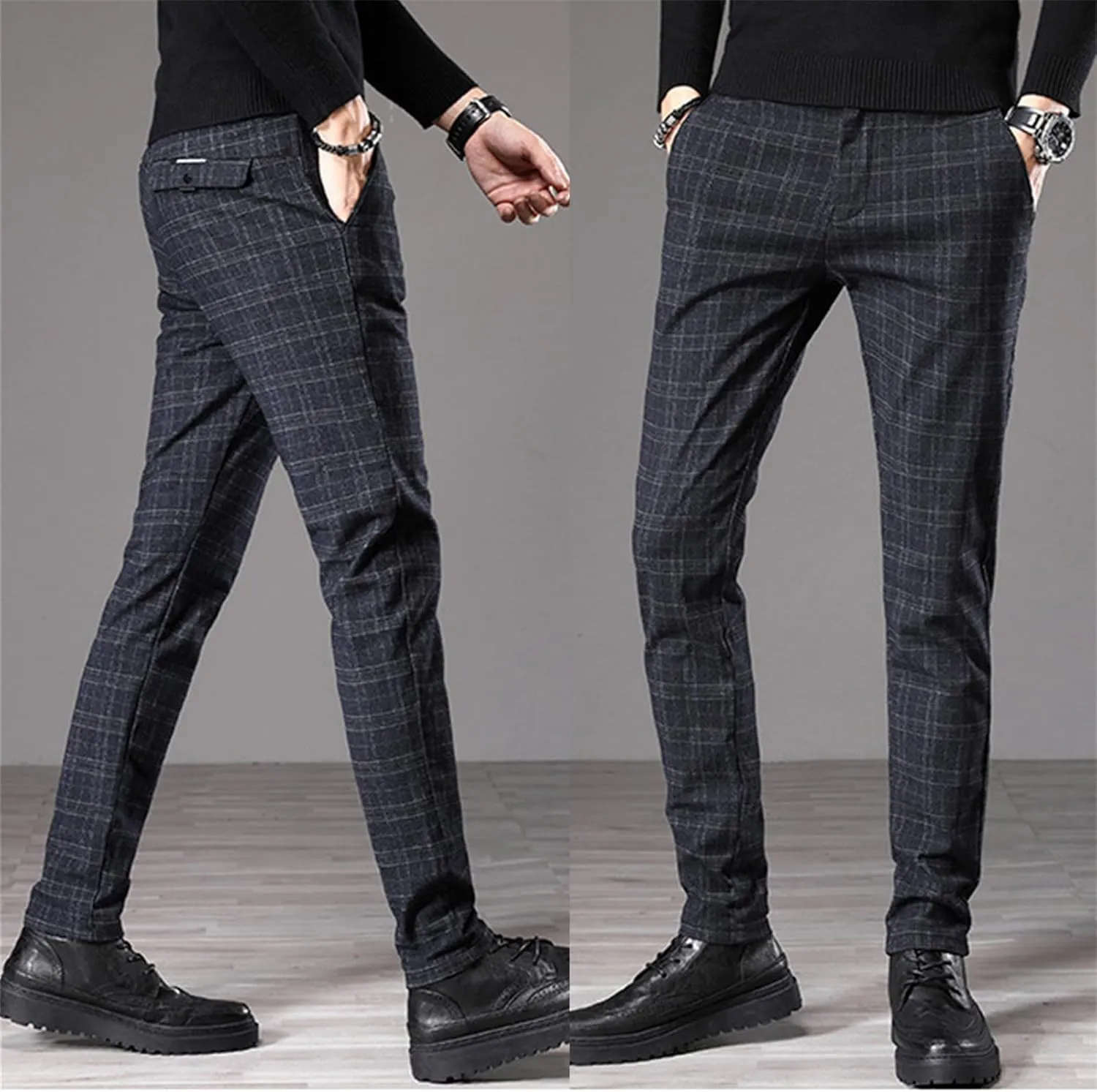 Men's Fashion Stretch Dress Pants Slim Fit Plaid Skinny Long Pants Casual Business Chino Dress Pants