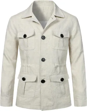 Mens Field Jacket Casual Cotton Linen Lightweight Safari Shirts with Pockets Utility Military Button Down Work Coats