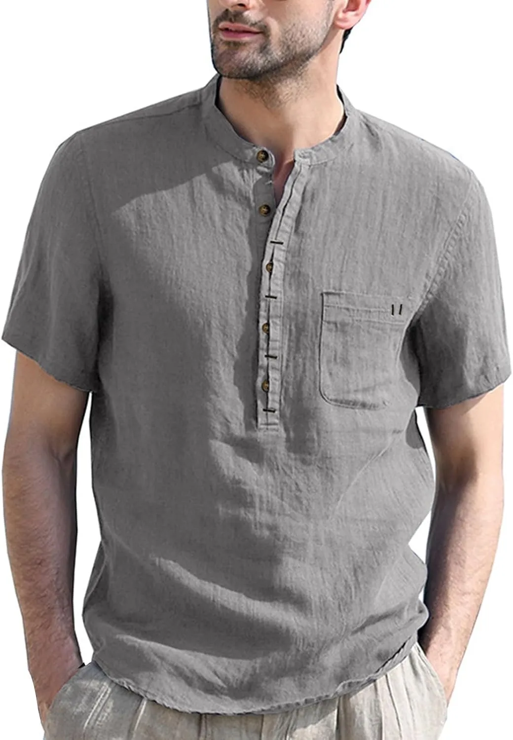 Men's Henley Shirts Linen Cotton Hawaiian Shirt Band Collar Short Sleeve Casual Summer Beach T-Shirts Fashion Tops