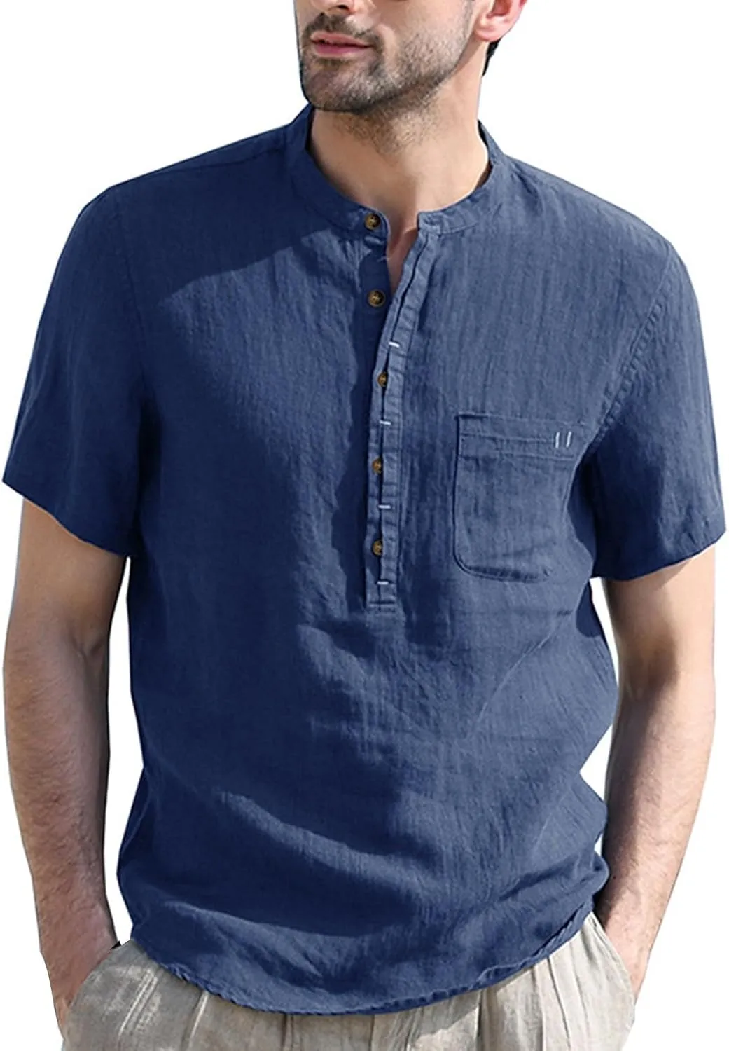 Men's Henley Shirts Linen Cotton Hawaiian Shirt Band Collar Short Sleeve Casual Summer Beach T-Shirts Fashion Tops