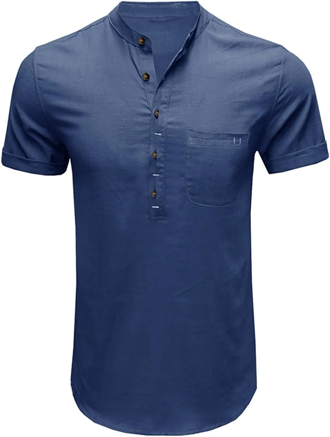 Men's Henley Shirts Linen Cotton Hawaiian Shirt Band Collar Short Sleeve Casual Summer Beach T-Shirts Fashion Tops