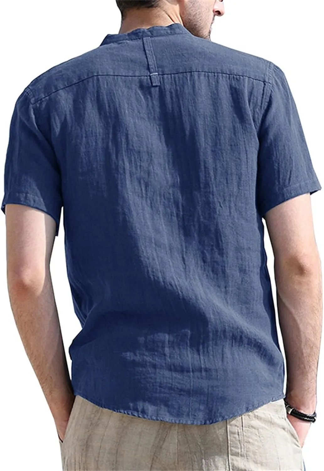 Men's Henley Shirts Linen Cotton Hawaiian Shirt Band Collar Short Sleeve Casual Summer Beach T-Shirts Fashion Tops