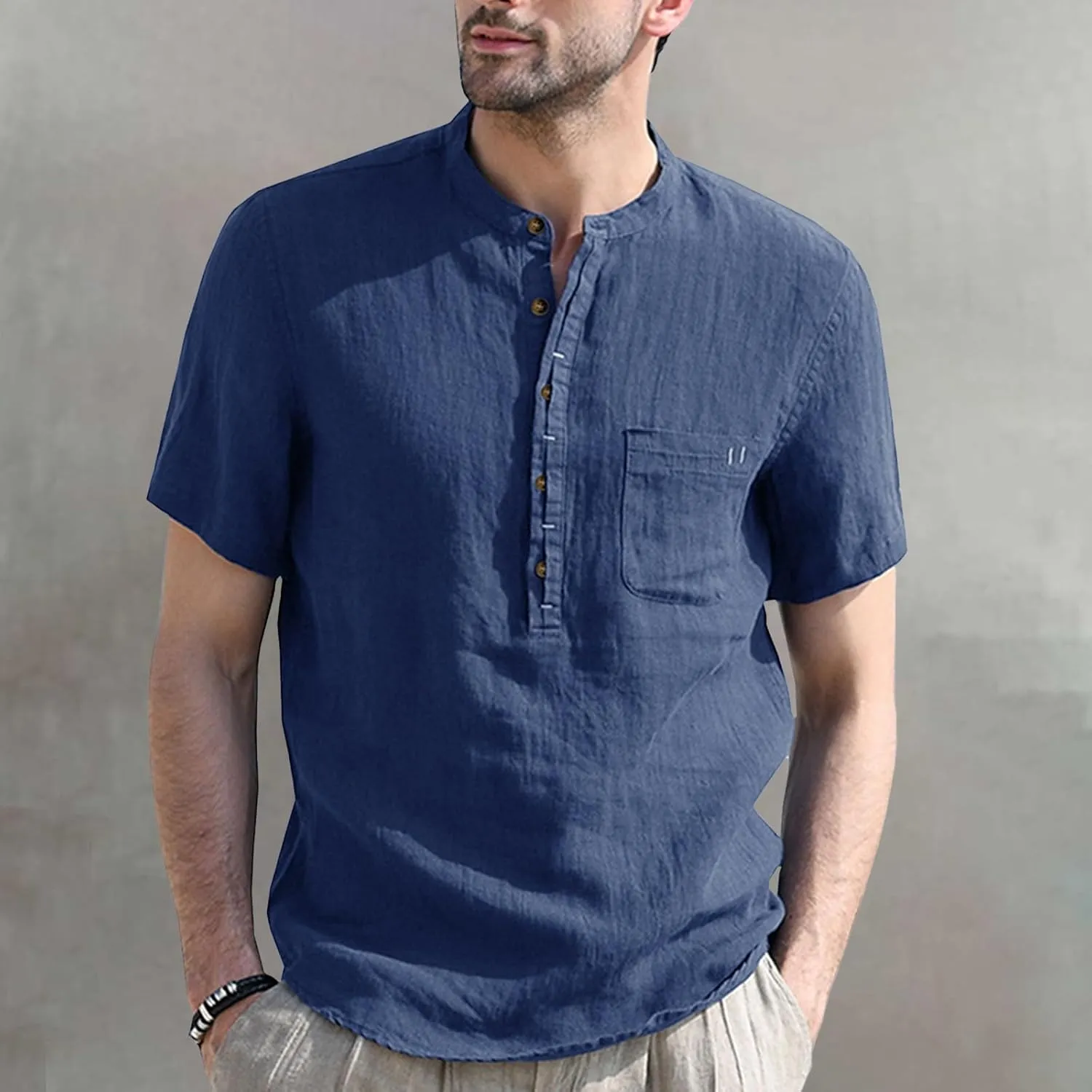 Men's Henley Shirts Linen Cotton Hawaiian Shirt Band Collar Short Sleeve Casual Summer Beach T-Shirts Fashion Tops