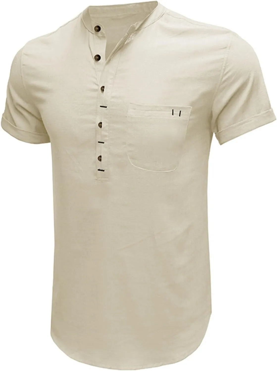 Men's Henley Shirts Linen Cotton Hawaiian Shirt Band Collar Short Sleeve Casual Summer Beach T-Shirts Fashion Tops
