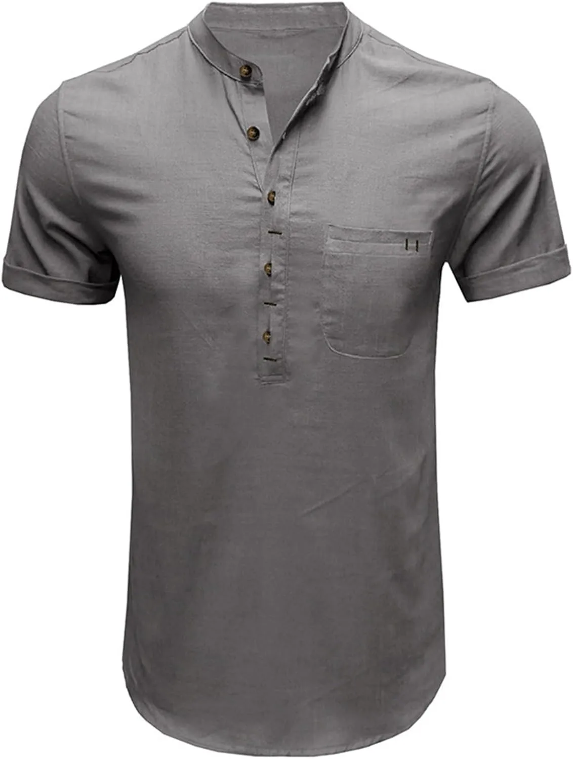 Men's Henley Shirts Linen Cotton Hawaiian Shirt Band Collar Short Sleeve Casual Summer Beach T-Shirts Fashion Tops