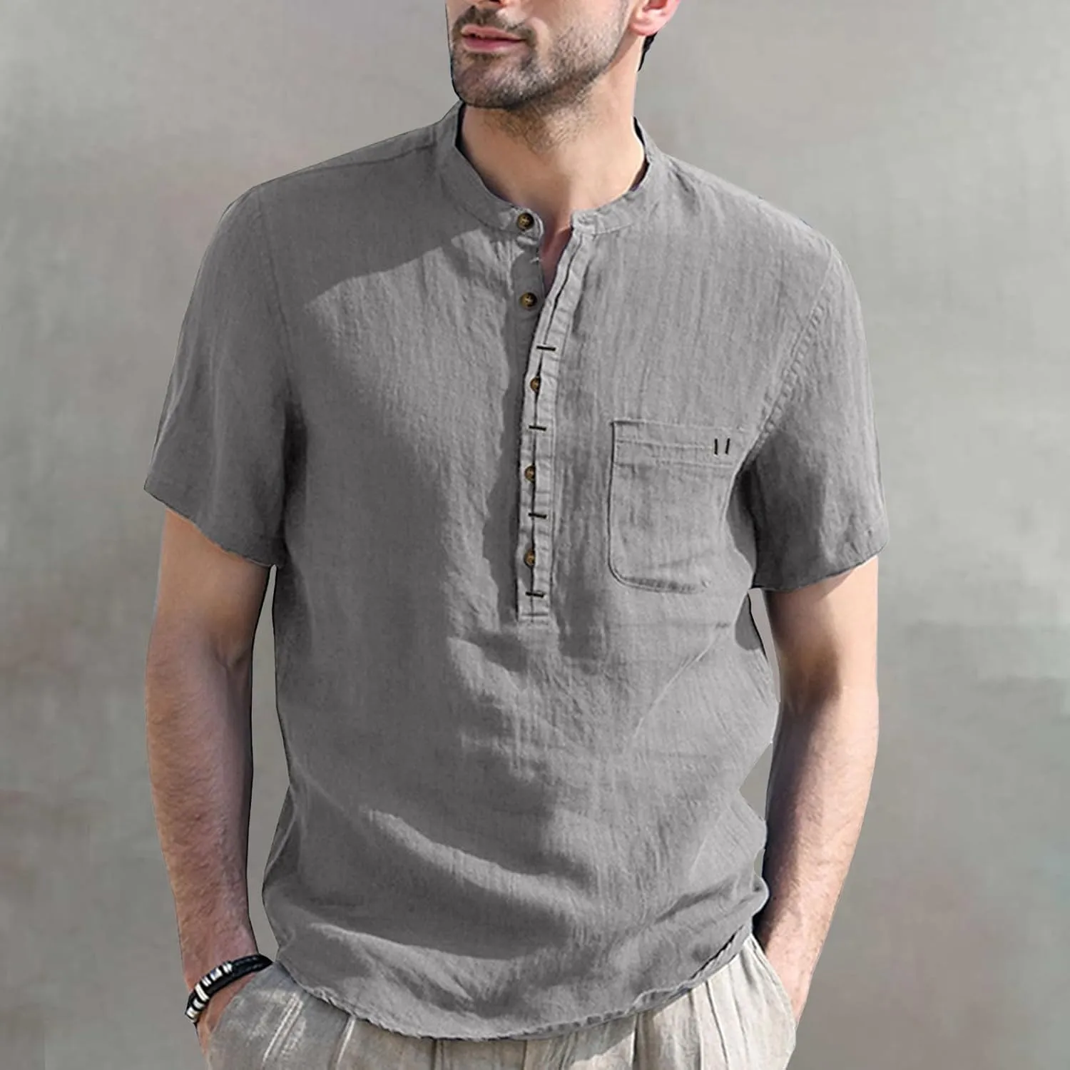 Men's Henley Shirts Linen Cotton Hawaiian Shirt Band Collar Short Sleeve Casual Summer Beach T-Shirts Fashion Tops