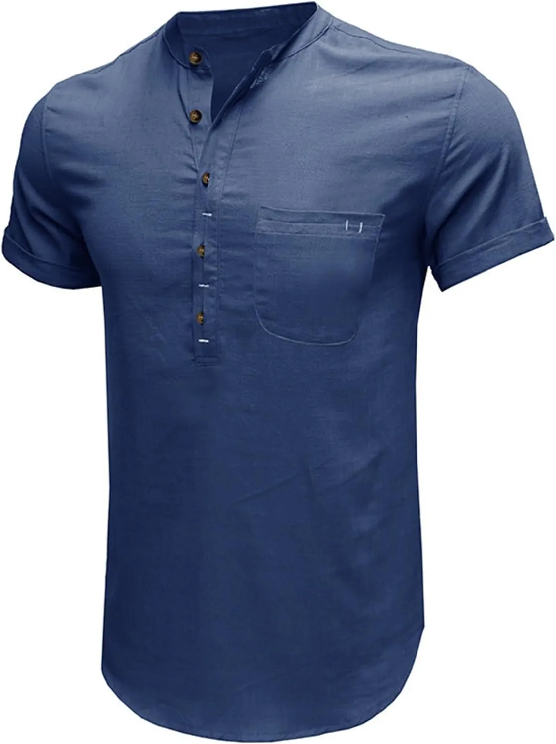 Men's Henley Shirts Linen Cotton Hawaiian Shirt Band Collar Short Sleeve Casual Summer Beach T-Shirts Fashion Tops