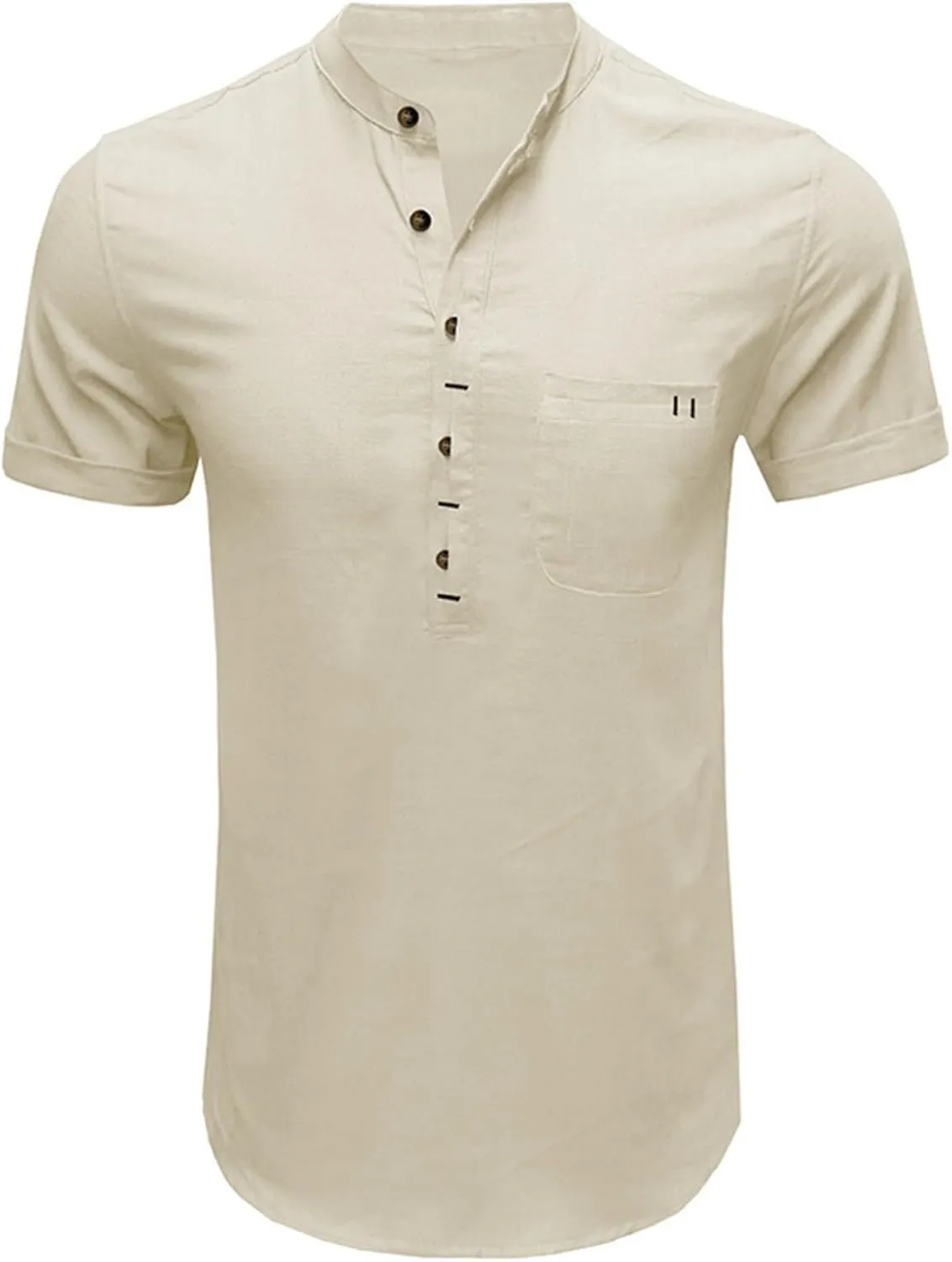Men's Henley Shirts Linen Cotton Hawaiian Shirt Band Collar Short Sleeve Casual Summer Beach T-Shirts Fashion Tops