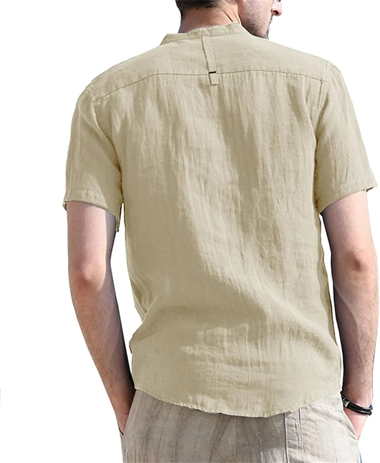 Men's Henley Shirts Linen Cotton Hawaiian Shirt Band Collar Short Sleeve Casual Summer Beach T-Shirts Fashion Tops