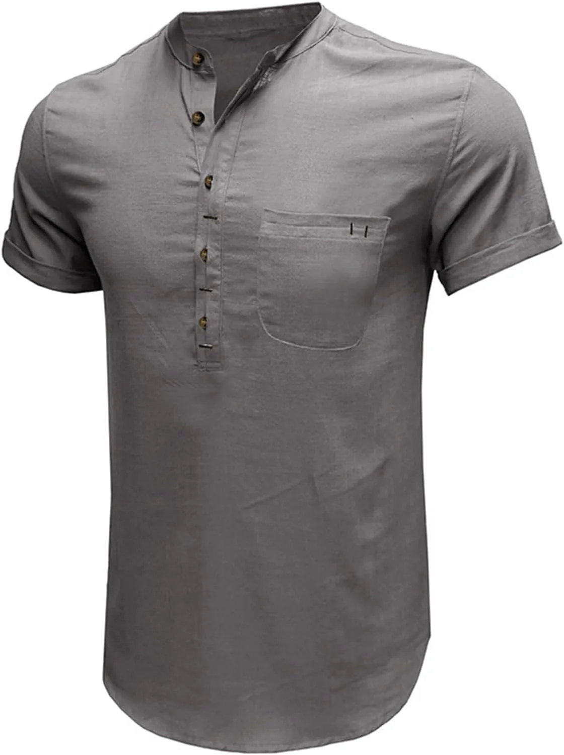 Men's Henley Shirts Linen Cotton Hawaiian Shirt Band Collar Short Sleeve Casual Summer Beach T-Shirts Fashion Tops
