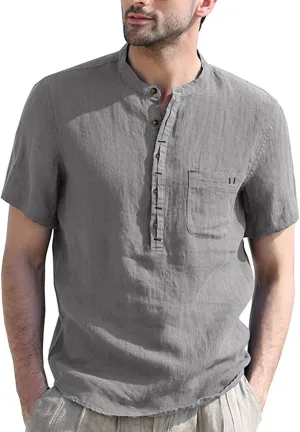 Men's Henley Shirts Linen Cotton Hawaiian Shirt Band Collar Short Sleeve Casual Summer Beach T-Shirts Fashion Tops