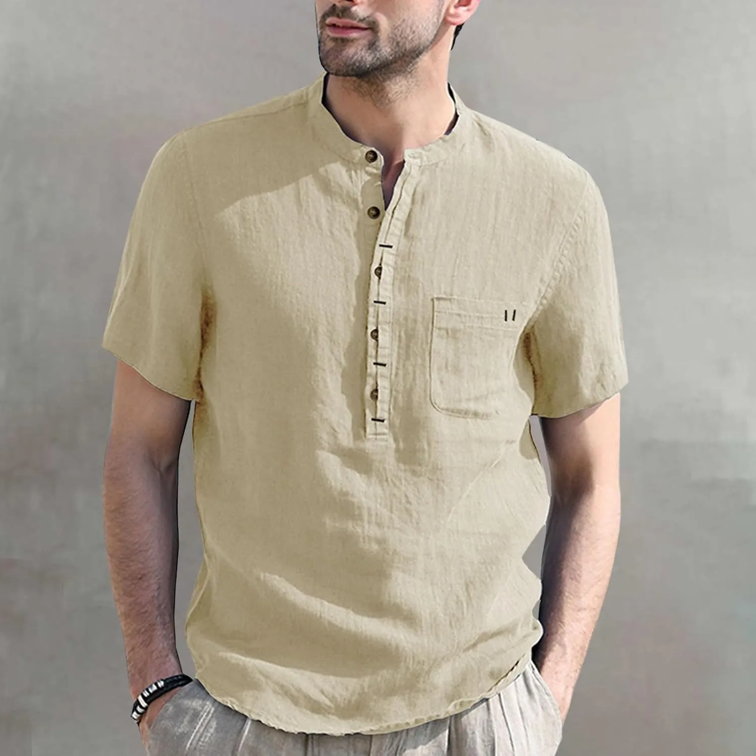 Men's Henley Shirts Linen Cotton Hawaiian Shirt Band Collar Short Sleeve Casual Summer Beach T-Shirts Fashion Tops