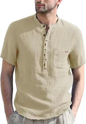 Men's Henley Shirts Linen Cotton Hawaiian Shirt Band Collar Short Sleeve Casual Summer Beach T-Shirts Fashion Tops