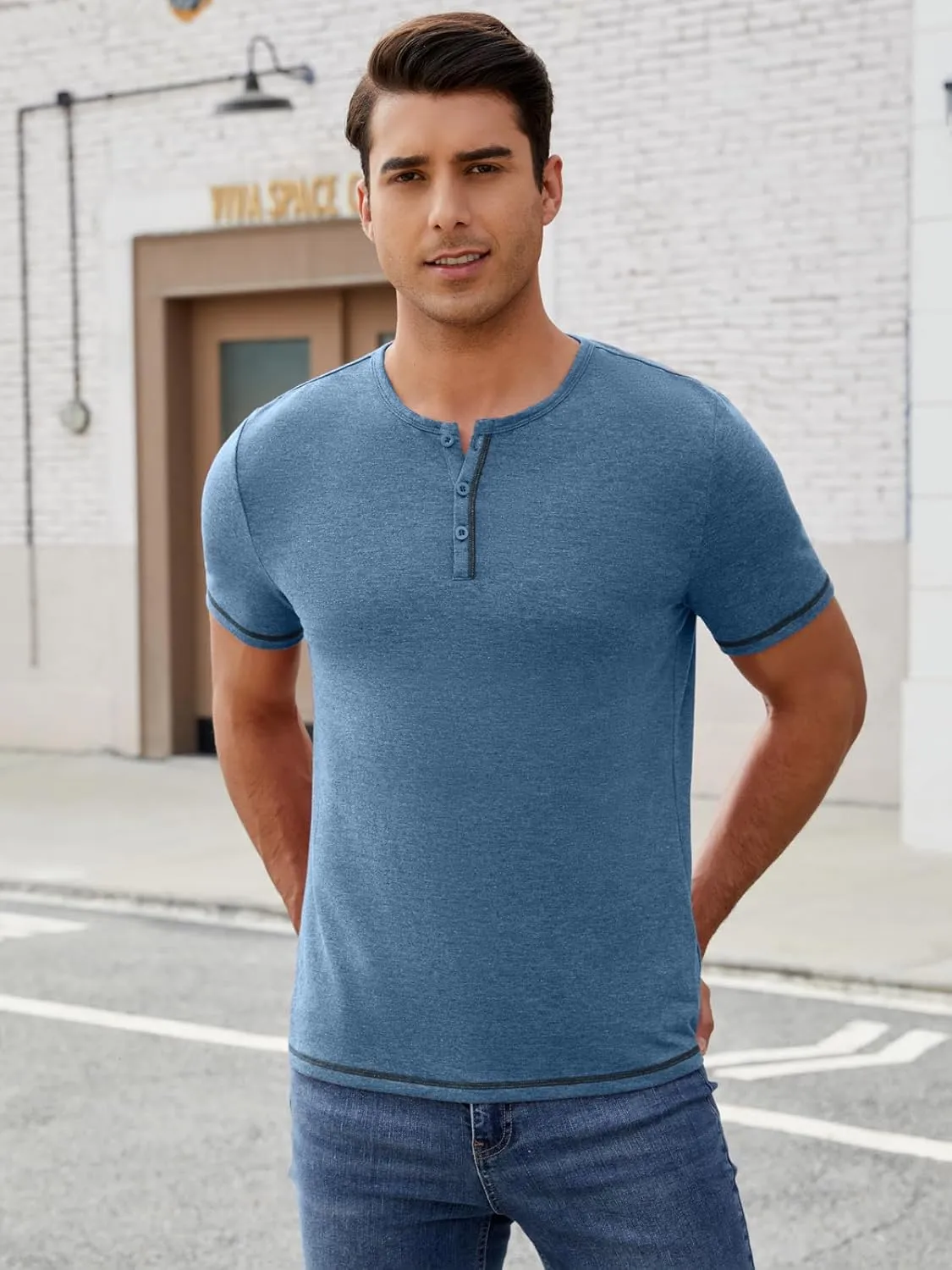 Mens Henley Shirts Short Sleeve Casual V Neck T Shirts Slim Fit Henley Muscle Tshirts Stylish Summer Tee Shirts