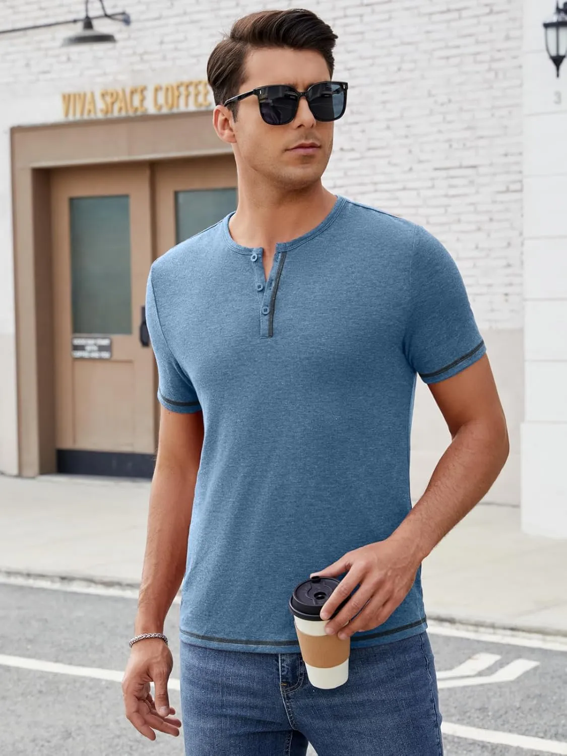 Mens Henley Shirts Short Sleeve Casual V Neck T Shirts Slim Fit Henley Muscle Tshirts Stylish Summer Tee Shirts