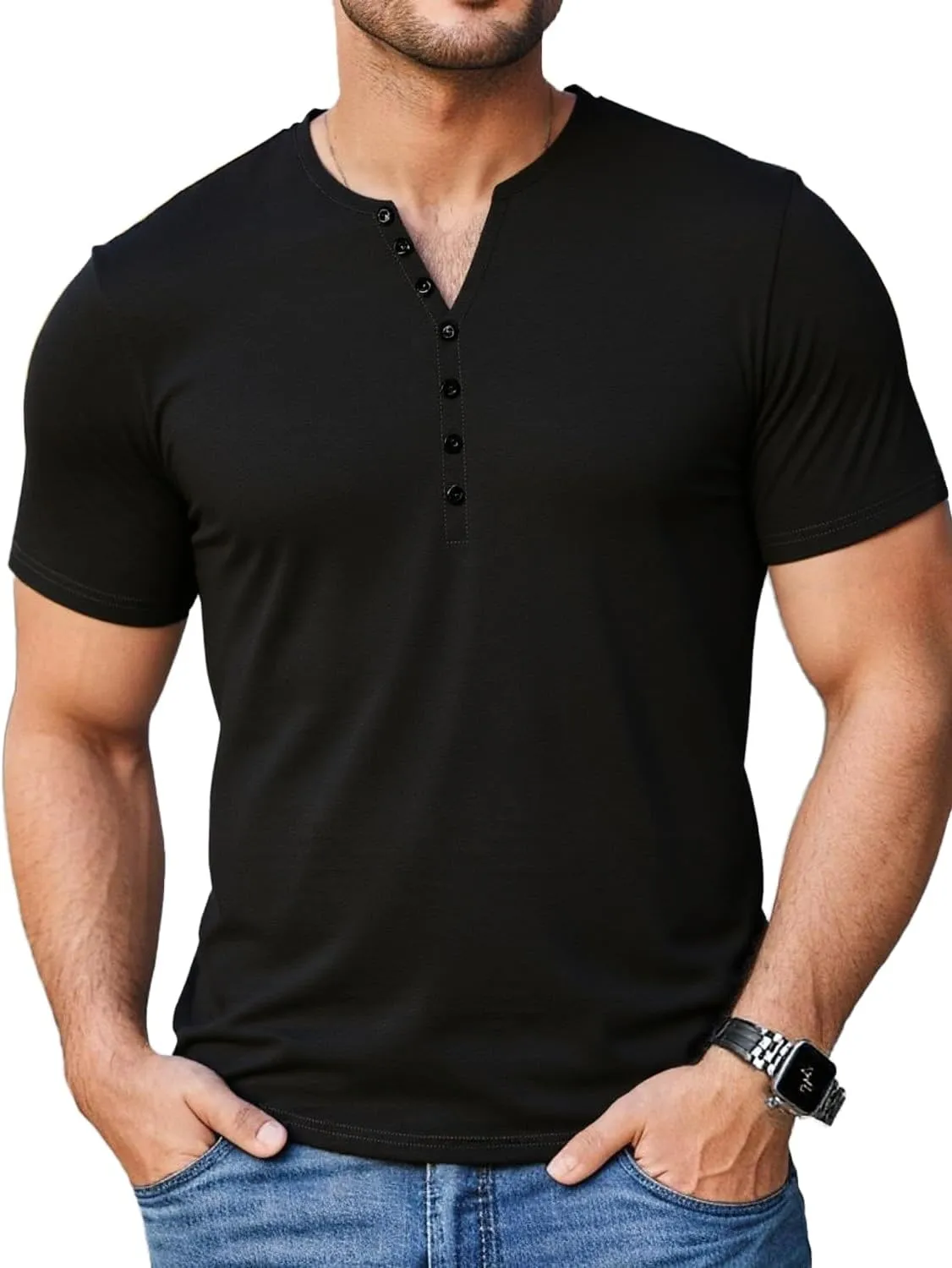 Mens Henley Shirts Short Sleeve Casual V Neck T Shirts Slim Fit Henley Muscle Tshirts Stylish Summer Tee Shirts