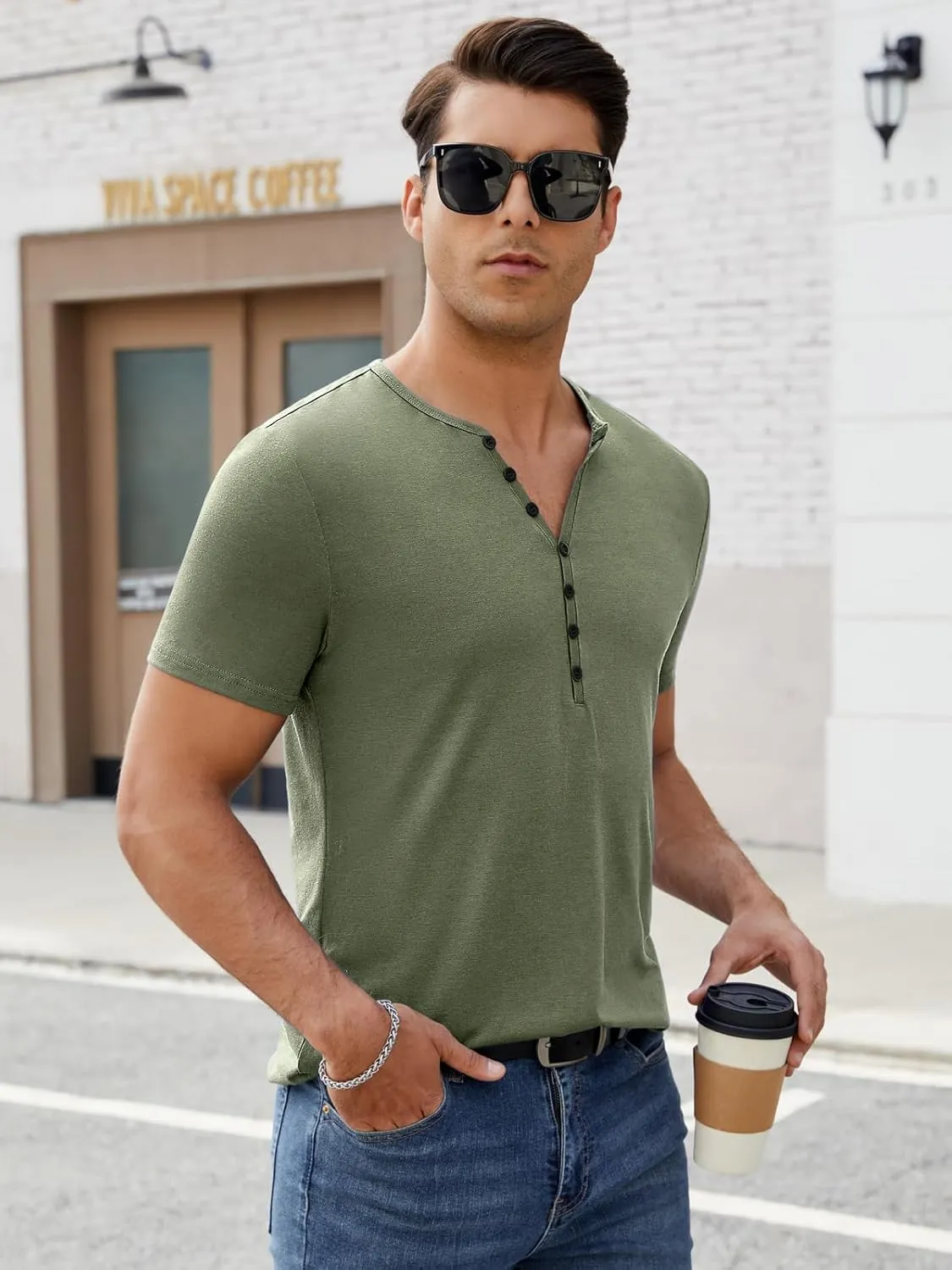 Mens Henley Shirts Short Sleeve Casual V Neck T Shirts Slim Fit Henley Muscle Tshirts Stylish Summer Tee Shirts