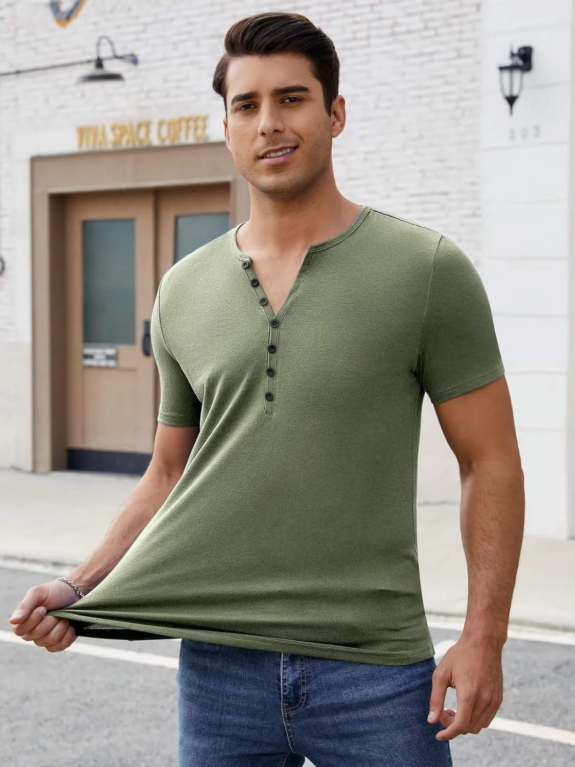 Mens Henley Shirts Short Sleeve Casual V Neck T Shirts Slim Fit Henley Muscle Tshirts Stylish Summer Tee Shirts