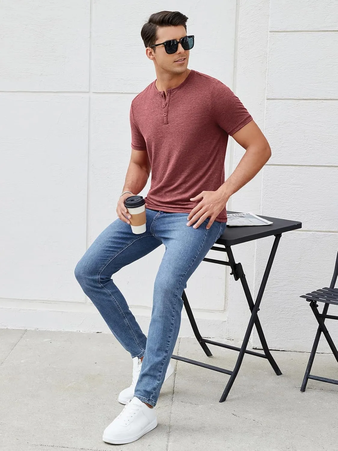 Mens Henley Shirts Short Sleeve Casual V Neck T Shirts Slim Fit Henley Muscle Tshirts Stylish Summer Tee Shirts