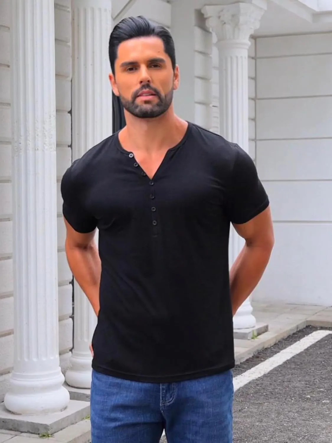 Mens Henley Shirts Short Sleeve Casual V Neck T Shirts Slim Fit Henley Muscle Tshirts Stylish Summer Tee Shirts