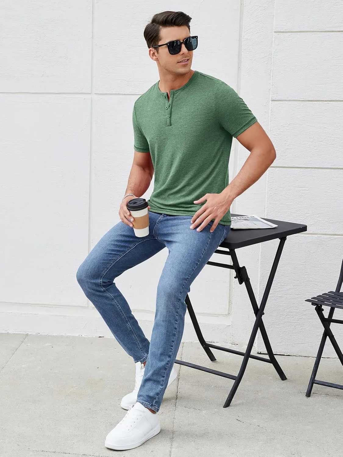 Mens Henley Shirts Short Sleeve Casual V Neck T Shirts Slim Fit Henley Muscle Tshirts Stylish Summer Tee Shirts