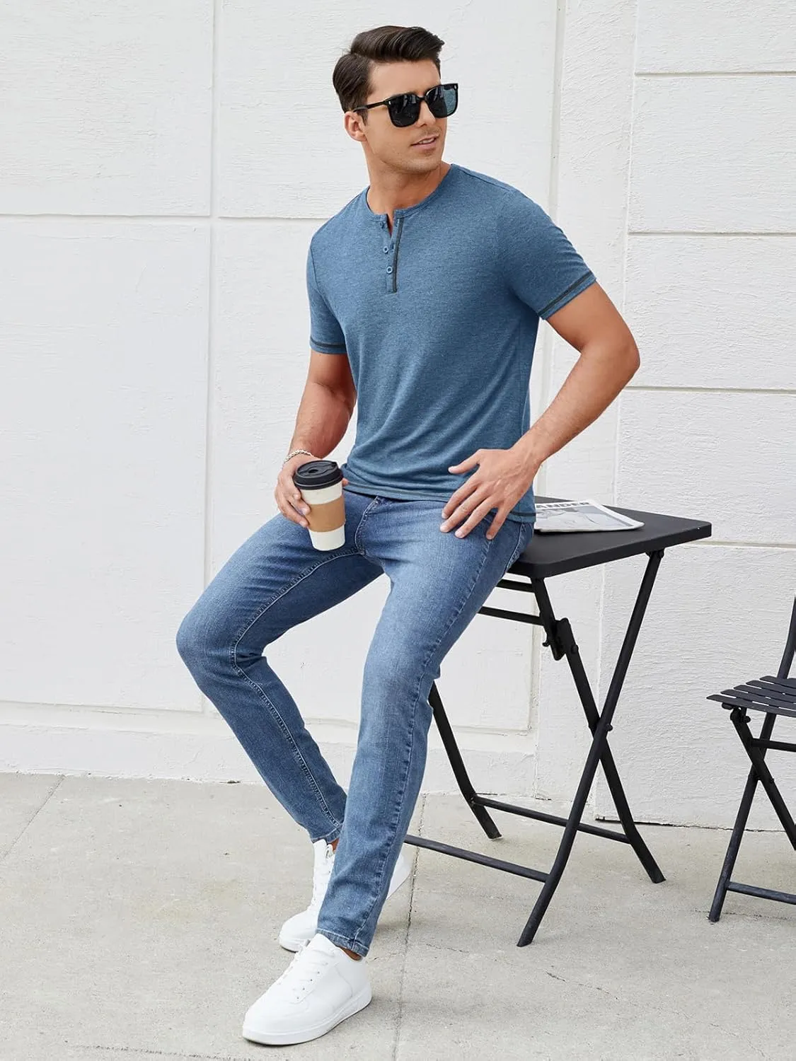 Mens Henley Shirts Short Sleeve Casual V Neck T Shirts Slim Fit Henley Muscle Tshirts Stylish Summer Tee Shirts