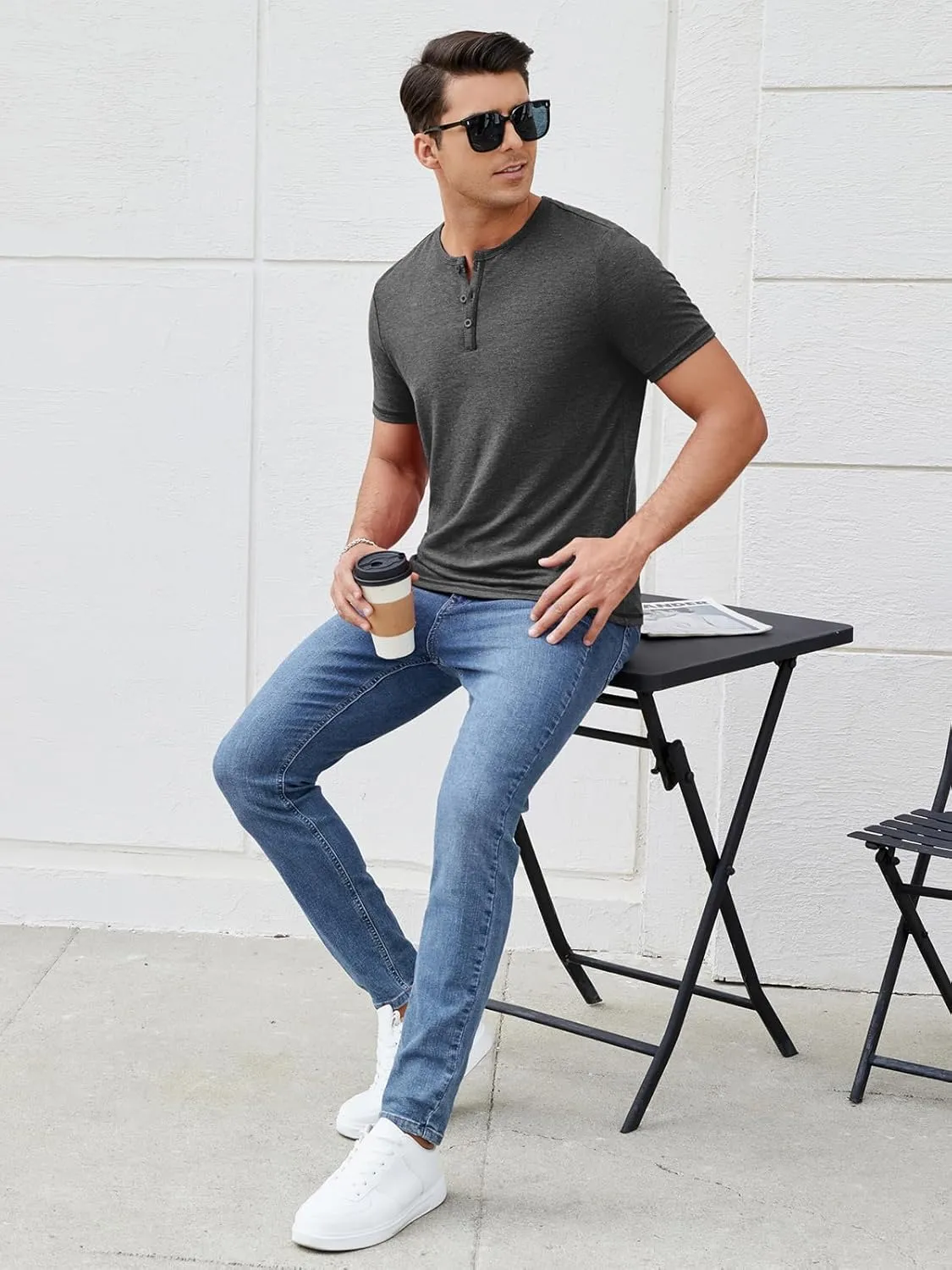 Mens Henley Shirts Short Sleeve Casual V Neck T Shirts Slim Fit Henley Muscle Tshirts Stylish Summer Tee Shirts
