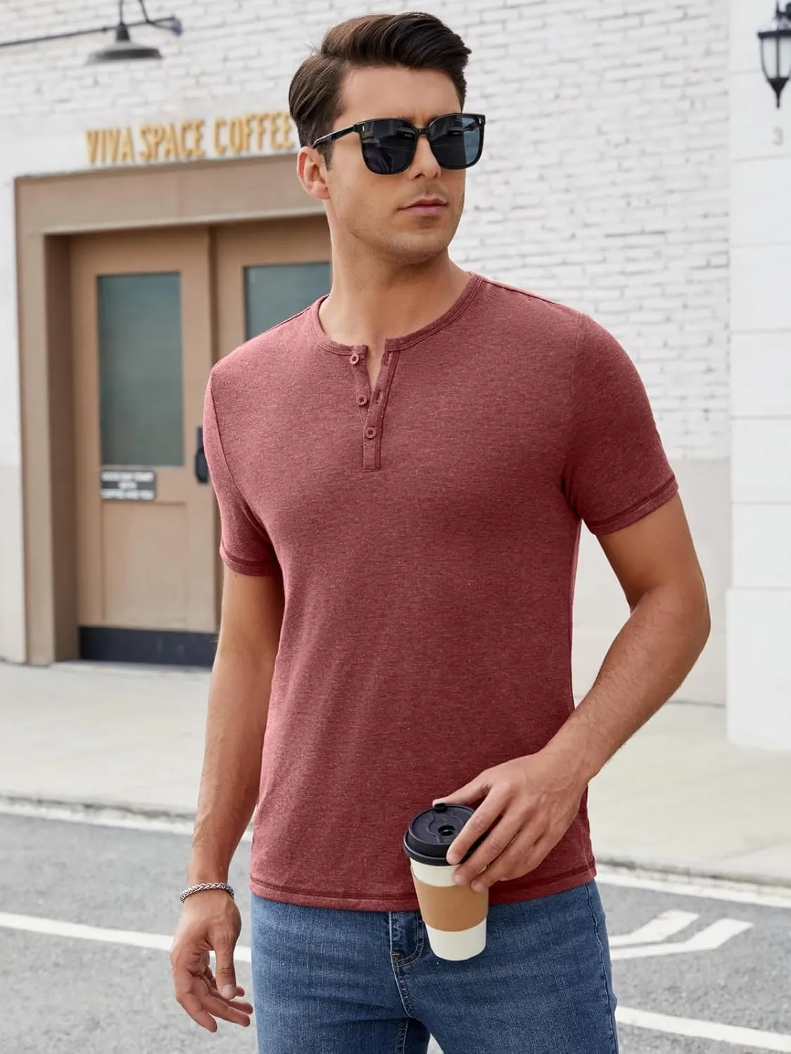 Mens Henley Shirts Short Sleeve Casual V Neck T Shirts Slim Fit Henley Muscle Tshirts Stylish Summer Tee Shirts