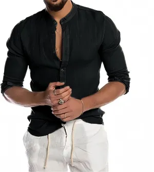 Mens Linen Button Down Shirts Casual Stylish Long Sleeve Business Dress Shirts Band Collar Summer Beach T Shirts Tops
