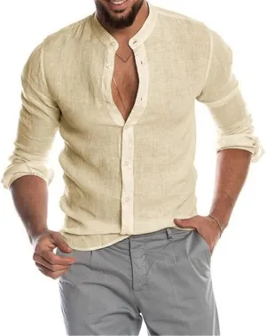 Mens Linen Button Down Shirts Casual Stylish Long Sleeve Business Dress Shirts Band Collar Summer Beach T Shirts Tops