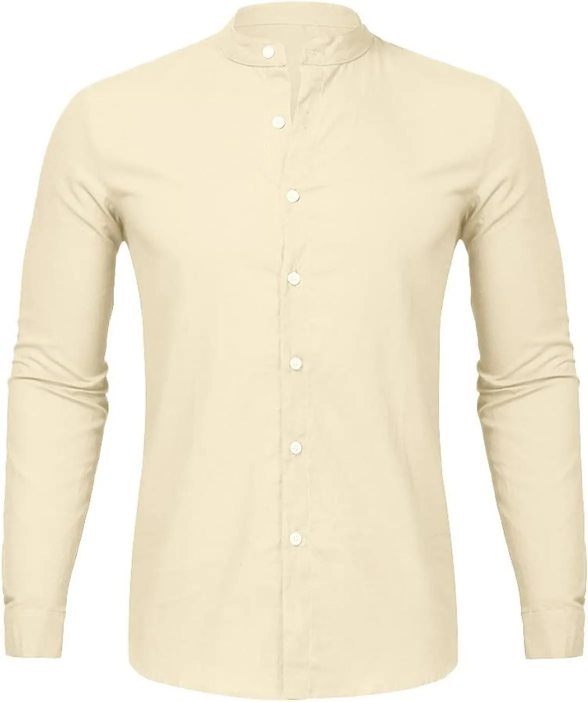 Mens Linen Button Down Shirts Casual Stylish Long Sleeve Business Dress Shirts Band Collar Summer Beach T Shirts Tops
