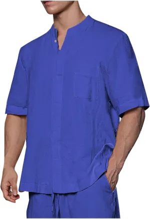 Mens Linen Shirt Short Sleeve Cotton Henley Outdoor Fashion Solid Tees Shirts 2025 Summer Beach Blouses with Pocket